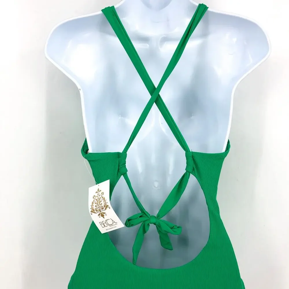 BECCA Women's Gia Plunge One Piece Swimsuit Large Green Lace Up Modern Edge NWT